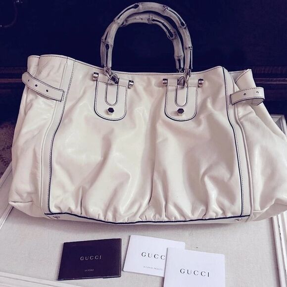 Vintage Gucci Pop Ivory leather tote bag with white bamboo handles - Picture 3 of 16